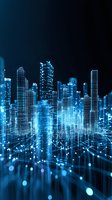 Glowing digital cityscape with wireframe skyscrapers and network connections in blue tones against dark background, representing smart city technology.