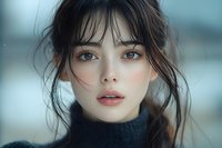 Young Asian woman with natural makeup wearing black turtleneck sweater, messy dark hair and pink lips looking directly at camera against blurred background.