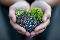 Cupped hands holding heart-shaped soil with fresh microgreens and black chia seeds, symbolizing growth, wellness and sustainable healthy lifestyle choices.