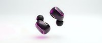 Pair of wireless earbuds with purple and black design, floating against white background. Modern audio technology for music listening and calls.
