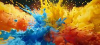 Vibrant explosion of blue, yellow, and orange paint splashes creating dynamic abstract art composition against dark background. Colorful liquid motion captured in detail.