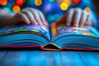 Open book with colorful pages against blurred bokeh lights background, hands gently turning pages, creating magical reading atmosphere on blue surface.