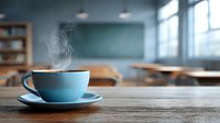 Steaming blue coffee cup on wooden table in empty classroom with chalkboard and desks in blurred background.