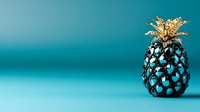 Metallic turquoise pineapple with golden crown top on vibrant teal background, modern minimal still life composition for luxury tropical decor concept.