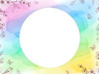 Watercolor rainbow gradient frame with floral elements and butterflies, white circle space for text or design, spring nature border background.