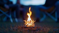 Small campfire burning brightly at dusk with orange flames and embers glowing in portable fire pit on grass, creating cozy outdoor atmosphere for camping and gatherings.