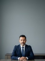 Mature male professional with dark hair and facial hair, wearing navy business suit and blue tie, seated at desk against neutral gray background, suitable for corporate portraits, business leadership, executive headshots, and professional networking materials.