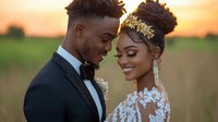 Young African American couple in wedding attire share intimate moment at sunset. Bride wears lace dress and gold headpiece, groom in black tuxedo against warm golden field background.