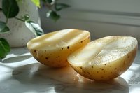 Fresh cut yellow potatoes halved on white surface with natural window lighting and green plant leaves in background, showing raw texture and organic appeal.