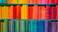 Colorful books arranged in rainbow spectrum order on library shelves, creating vibrant rows of spines in yellow, orange, red, blue, green, and purple hues. For education and reading concepts.