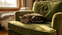 Tabby cat sleeping peacefully on green armchair in cozy living room with warm natural sunlight streaming through window creating relaxing home atmosphere.