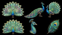 Peacock bird with vibrant blue and green plumage, ornate tail feathers, and detailed eye patterns isolated on transparent background. Ready for t-shirt designs, clipart, stickers, sublimation, and print-on-demand products.