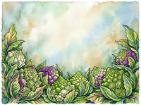 Watercolor illustration of fresh cauliflower and purple broccoli with green leaves arranged as border frame on soft textured background. Suitable for recipe cards, cooking blogs, farmers market designs.