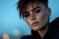 Young woman with short dark hair and fair complexion wearing black jacket against blue twilight background with bokeh lights, contemplative expression, evening portrait.