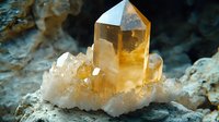 Golden citrine crystal cluster with transparent quartz formations on natural rock surface, mineral specimen for healing, meditation and spiritual practices.