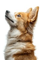 Adorable Welsh Corgi puppy looking up with attentive expression on white background, isolated portrait showing fluffy fur and distinctive profile.