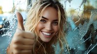 Young Caucasian woman with blonde wavy hair showing thumbs up and bright smile through wet glass window with water drops and natural bokeh background.