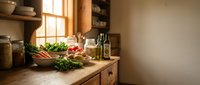 Rustic kitchen counter with fresh vegetables, herbs and cooking ingredients in warm natural sunlight for healthy meal preparation and culinary content.