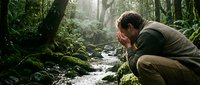 Middle-aged Caucasian man drinking fresh water from natural forest stream surrounded by lush green vegetation and misty sunlight filtering through trees.