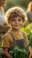 Adorable young boy with curly blonde hair smiling while holding fresh carrot in garden wearing overalls during golden hour sunset light.