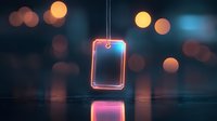 Glowing neon phone outline floating against dark background with bokeh lights and reflection on glossy surface, creating futuristic cyberpunk atmosphere.