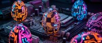 Glowing neon circuit board symbols and digital processors on motherboard, representing artificial intelligence, data processing, and futuristic technology for tech backgrounds.