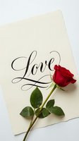 Red rose lying on a cream paper card with elegant calligraphy word Love, romantic flat lay for Valentine's Day or wedding greeting.