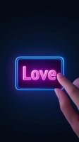 Glowing pink neon love sign in blue frame held by hand against dark background, creating romantic atmosphere for valentine and relationship concepts.