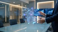 Professional businessman analyzing holographic financial data and charts in modern office environment with digital technology interface for business analytics.