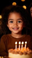 Happy mixed-race girl celebrating fourth birthday with cake and candles in warm bokeh lighting for party invitations and childhood memories.