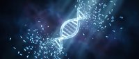 Glowing DNA helix with dispersing particles on dark blue background, representing genetic research, biotechnology, and molecular science for medical and educational use.