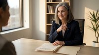 Professional mature businesswoman with gray hair smiling during office meeting, corporate executive in suit at desk discussing strategy with colleague in modern workplace.