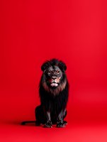 Majestic male lion with dark mane sitting confidently against vibrant red background for bold advertising and creative design projects.