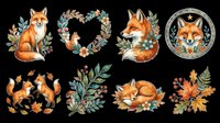 Cute watercolor fox clipart set with floral elements, isolated on transparent background. Great for stickers, t-shirt design, print on demand, and sublimation projects.