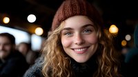 Young Caucasian woman with curly blonde hair wearing knit beanie and turtleneck sweater smiling warmly at camera. Blurred bokeh lights and people in background create cozy atmosphere.