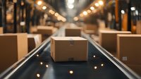Cardboard boxes moving on automated conveyor belt system in modern warehouse with warm lighting and bokeh effect, showing logistics operations.