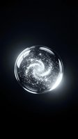 Transparent glass sphere with swirling white particles and luminous sparkles inside, isolated on dark background for design and cosmetic product applications.
