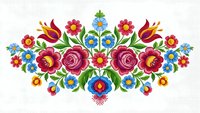 Traditional folk art floral embroidery pattern with colorful roses and decorative elements on white background for textile design and crafts.