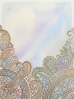 Ornate mandala corner borders with intricate floral patterns frame a soft watercolor gradient background in pastel purple, blue and cream tones, creating an elegant decorative template for invitations, greeting cards, or design projects.