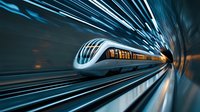 Modern high-speed train moving through illuminated tunnel with motion blur effect creating dynamic lines and streaks of light. Futuristic transportation concept.