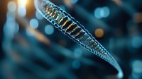 Glowing DNA strand macro on dark blue background with bokeh effect shows genetic research and biotechnology advancement in medical science field.