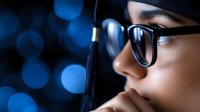 Young professional woman wearing glasses working late at computer with blue screen light reflection on face creating modern workplace atmosphere.