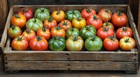 Fresh heirloom tomatoes in various colors from red to green and yellow arranged in rustic wooden crate, organic farm produce for healthy eating and cooking.