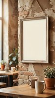 Empty wooden frame hanging on rustic brick wall in cozy cafe interior with plants and coffee cup on wooden table for mockup design.