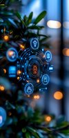 Futuristic holographic interface with glowing blue icons showing smart home automation controls against blurred bokeh lights and green foliage background.
