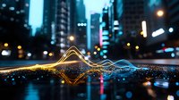 Abstract glowing wave visualization against blurred urban night cityscape background with bokeh lights and reflections creating futuristic atmosphere.