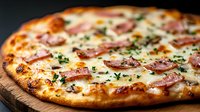 Homemade pizza with crispy bacon, melted mozzarella and fresh herbs on rustic wooden board, close-up view showing gourmet toppings and golden crust.