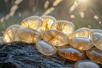 Frozen soap bubbles with golden winter sunrise light shining through delicate ice crystals on wooden log, creating magical natural macro photography effect.