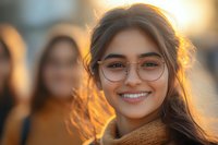 Young South Asian woman with glasses smiling warmly at sunset, backlit with golden hour glow, wearing brown scarf. Natural authentic portrait capturing genuine happiness.