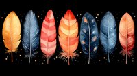 Colorful feathers in orange, blue and coral tones arranged in row on black background with stars. Decorative watercolor style artwork for design projects.